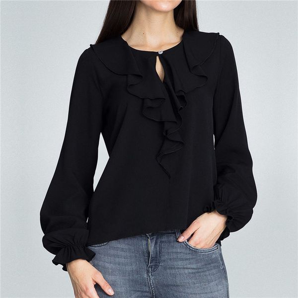 

женские блузки 2018 новый оборками шифон блузка рубашка офис леди твердые с длинным рукавом рубашки женщины топы blusas camisas mujer s-3xl, White