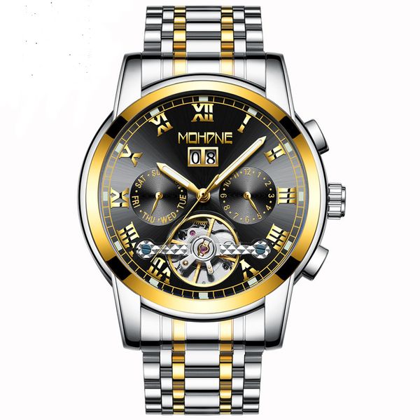 

european fashion style automatic mechanical watches waterproof wristwatch male time hours with date week display, Slivery;brown