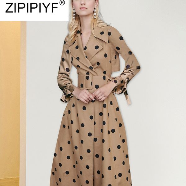 

autumn fashion women adjusted waist turn down collar long sleeve dot coat windbreaker slim casual skirt trench streetwear c2661, Tan;black