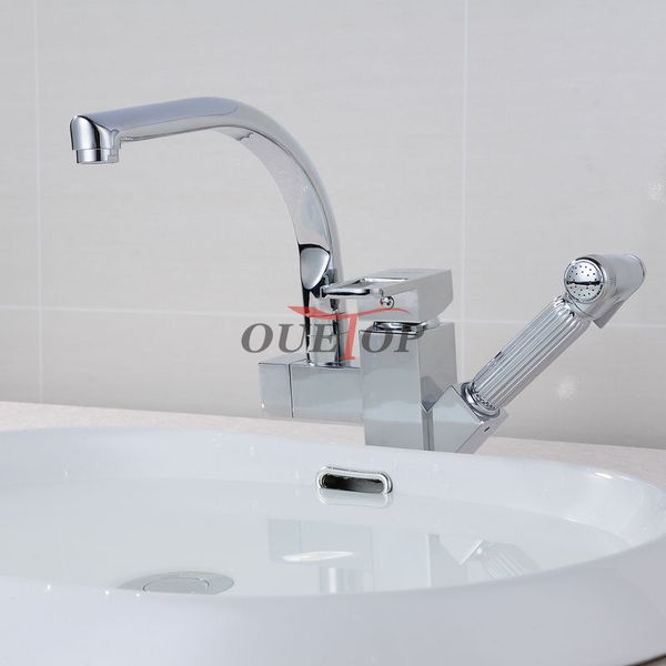 

torneira cozinha polished chrome brass double spouts 360 degree & pull out kitchen faucet kitchen tap sink mixer