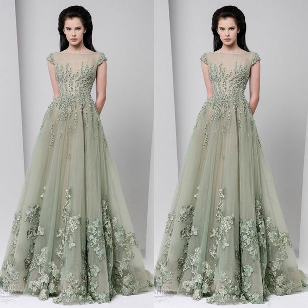 Tony Ward 2018 Abiti da sera primaverili Sheer Neck Applique Perline Cap Sleeve Prom Gowns Lunghezza pavimento Tulle Abito da cerimonia formale