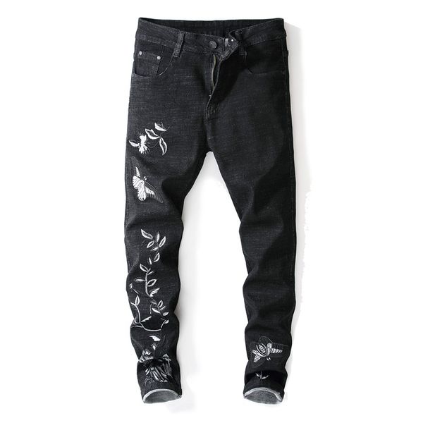 

european american style men denim trousers zipper slim brand jeans patchwork black flower jeans pencil pants 15015#, Blue