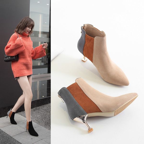 

suede leather back zip ankle boots women mixed colors pointed toe western botines thin high heels ladies short booties, Black