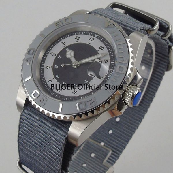 

sapphire crystal 40mm bliger black sterile dial silver ceramic bezel luminous marks date display automatic movement men's watch, Slivery;brown