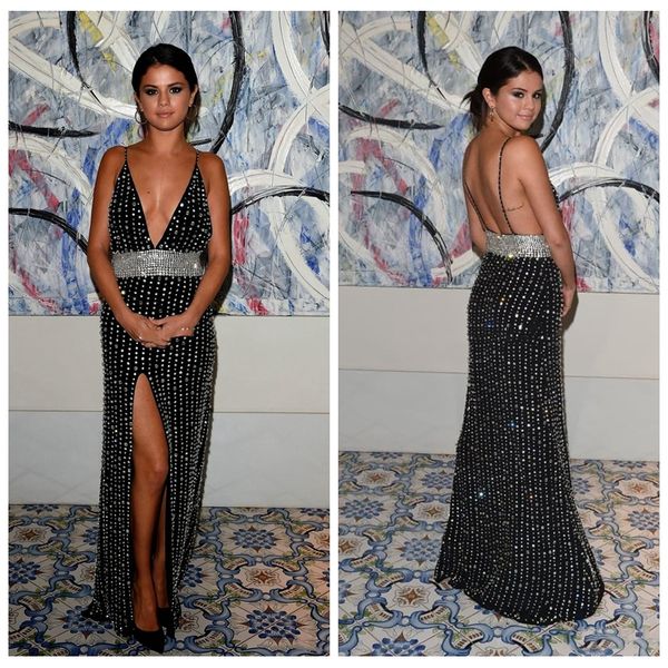 

2018 bling bling sheath luxury crystals beaded spaghetti straps split prom evening gowns black celebrity dresses vestidos de soiree custom