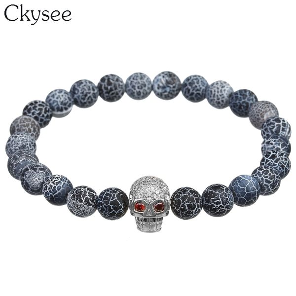 

ckysee fashion 8mm natural stone lava agates beads bracelet pave cubic zircon skull bracelets for men women bijoux homme, Golden;silver