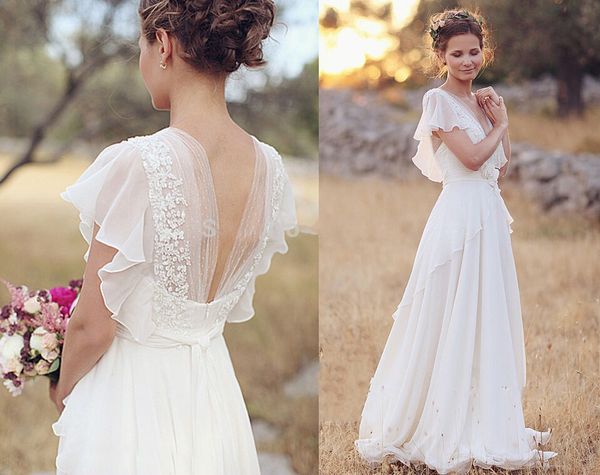

2018 bohemian beach a line wedding dresses simple cap sleeves lace appliqued boho bridal gowns sweep train vestido de novia, White