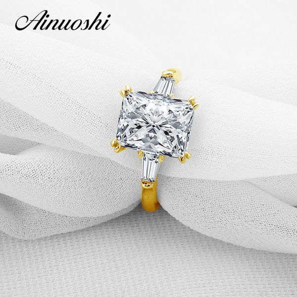 

ainuoshi 10k pure yellow gold ring 3 big brilliant rectangle cut wedding ring sona diamond anillos fine jewelry women, Golden;silver