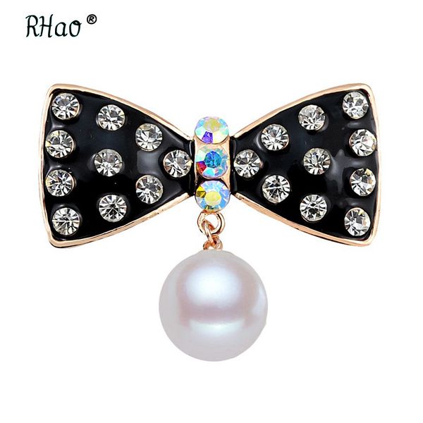 

rhao elegant black enamel bowknot water drop pearl brooches pins for women girls suit dress clips jewelry pins garment accessory, Gray