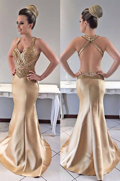 Torções de ombro de ombro Trem de cetim Principais vestidos de baile de ouro de miçangas sexy sereia ouro