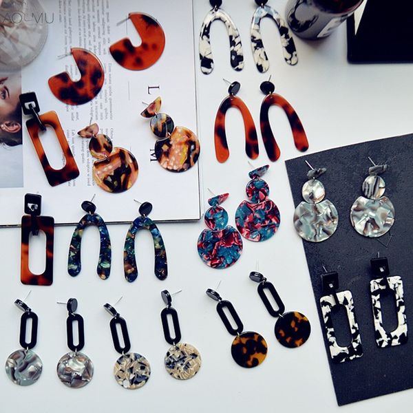 

aomu japan korea simple acetic acid leopard earring acrylic plate circle rectangle letter long geometric drop earrings female, Silver