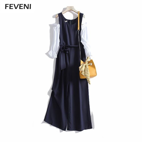 

women spring autumn jumpsuit o neck off shoulder slim fitting fashion jumpsuits sweet bow tie belt navy sashes playsuits y03412, Black;white