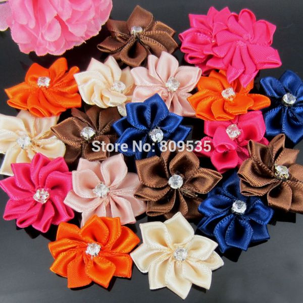 

40pcs handmade small fabric satin flowers with rhinestone appliques sewing wedding garment accessories flowers 2.8cm