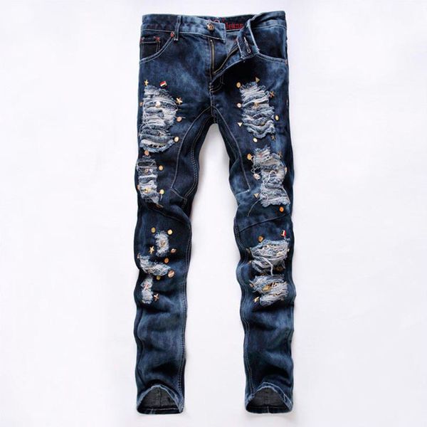 

Night Club Mens Jeans Skull Studded Ripped Destroyed Distressed Acid Washed Faded Punk Style Hip Hop Jeans Pants For Men