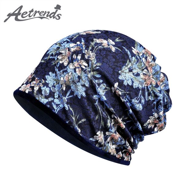 

aetrends] floral velvet beanies multi-function for collar scarf winter warm beanie hats for women cap slouchy baggy hat z-6669, Blue;gray