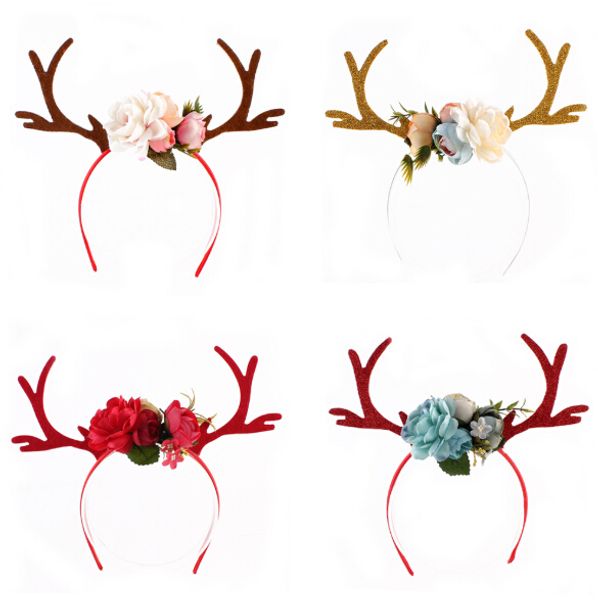 Headband de natal Elk Deer Antlers Hoop Cabelo Da Orelha com Flores Antlers Traje Ouvido Partido Faixa de cabelo Floral Hairband