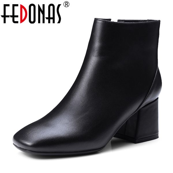 

fedonas basic ankle boots for women square toe high heels zipper shoes woman autumn winter motorcycle boots, Black