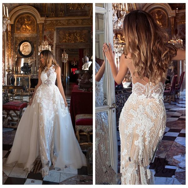 

2021 beautiful bling bling beaded wedding dresses garden with detachable train appliques lace sheath backless garden bridal gowns milla nova, White