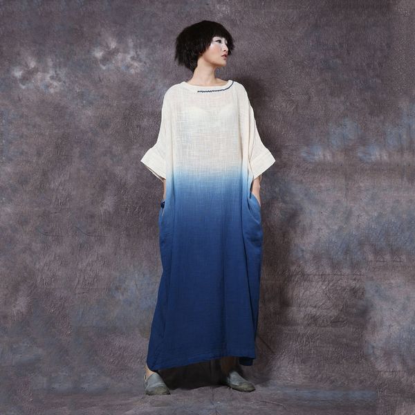 

women cotton linen long dress embroidery loose summer o-neck long sleeve patchwork vintage ladies stitching color plus size robe, Black;gray