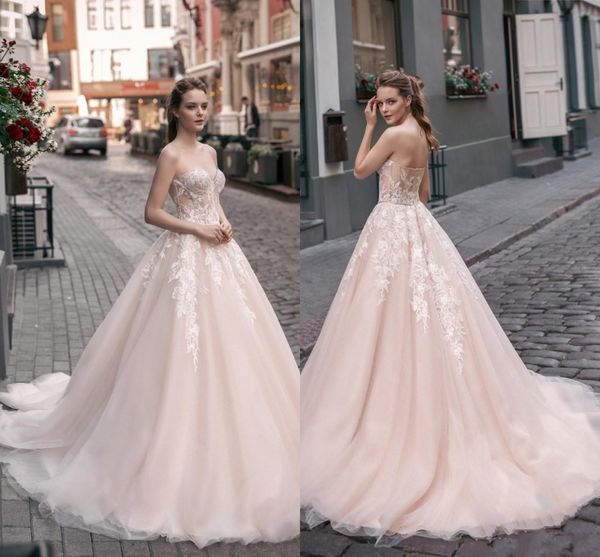 

charming sweetheart a line wedding dresses illusion bodice lace appliques tulle long bridal gowns sweep train, White
