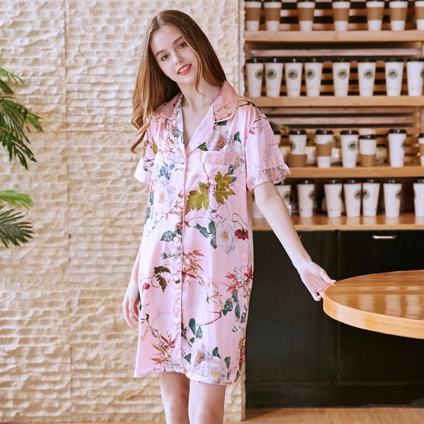 

embroidered silk ladies nightdress summer silk shirt feminine pajamas tracksuit5411, Black;red