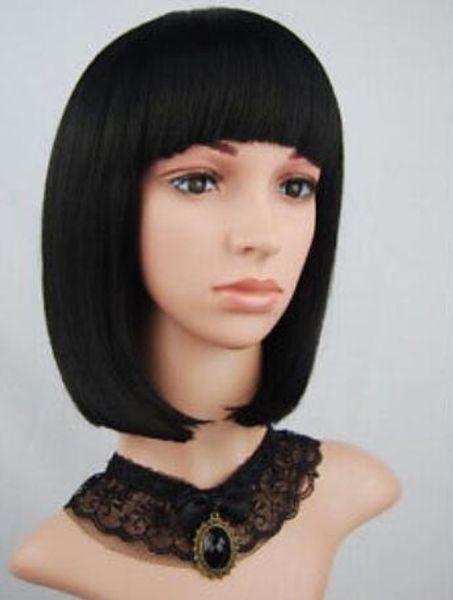 

women natural short straight bangs heat resistant hair synthetic black wigs, Black;brown