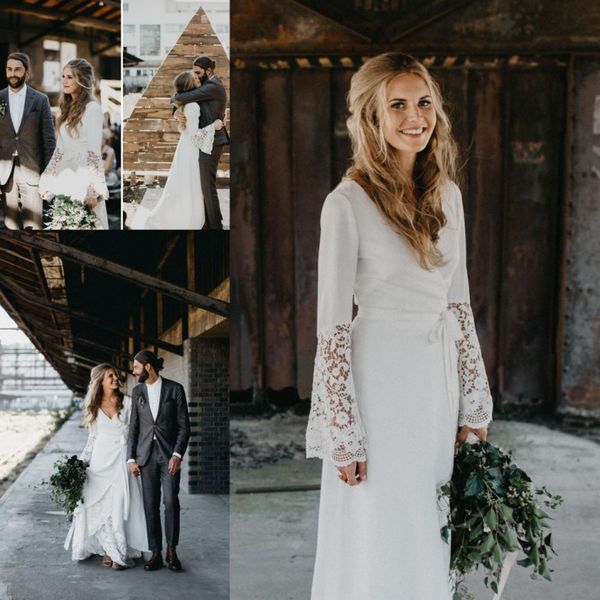 

vintage hippie wedding dresses country crochet lace a line bohemian v-neck long sleeve elegant 2021 bridal gowns plus size vestido de noiva, White