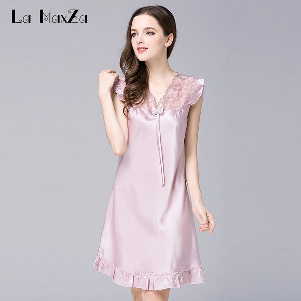 

new summer sling emulation silk nightgown sleevelesse lace pajamas bathrobes women sleepwear, Black;red