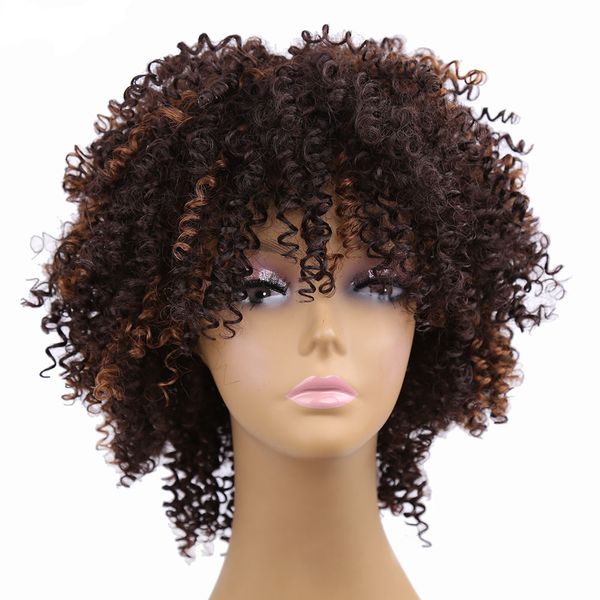 8 Zoll verworrene lockige Kunsthaar-Afro-Perücken mit kurzen Ombre-Braun-Jerry-Curl-Schwarz-Perücken für Frauen