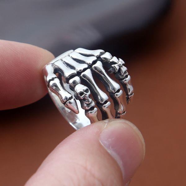 

gothic 925 sterling silver handmade skeleton hands vintage band rings american european punk style antique silver designer luxury jewelry