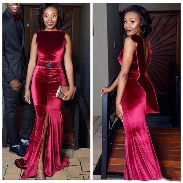 

Dark Red Velvet Prom Dresses Sexy Mermaid Front Split Evening Gowns Backless Floor Length Beaded Waist Formal Party Dress Custom Made Color