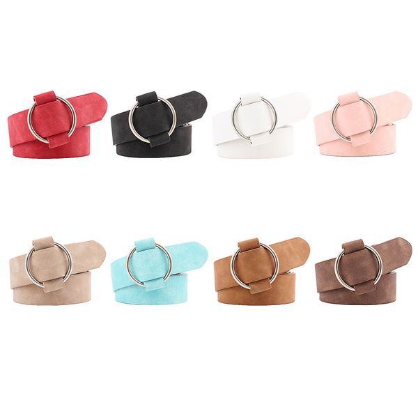 

female solid color imitation leather metal round buckle belt girls jeans modeling decoration belt, Black;brown