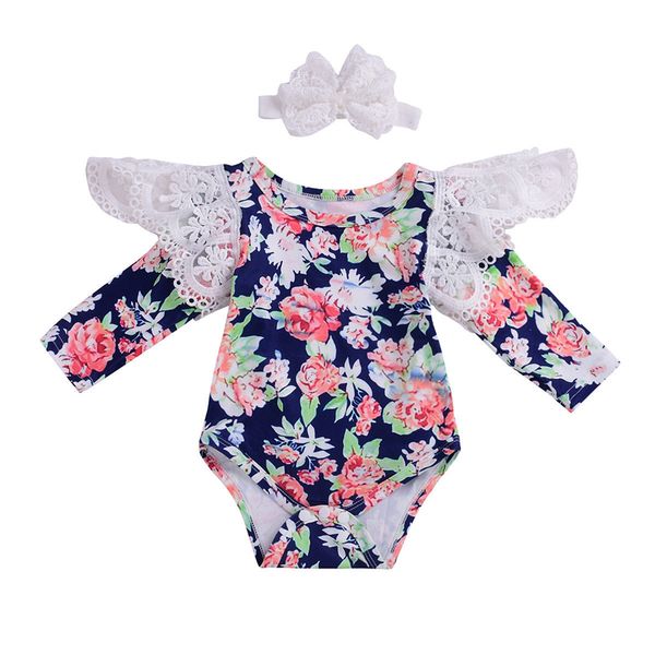 

fashion newborn baby girl clothes baby floral clothes lace long sleeve bodysuit jumpsuit headband infant girl clothing outfits, Blue