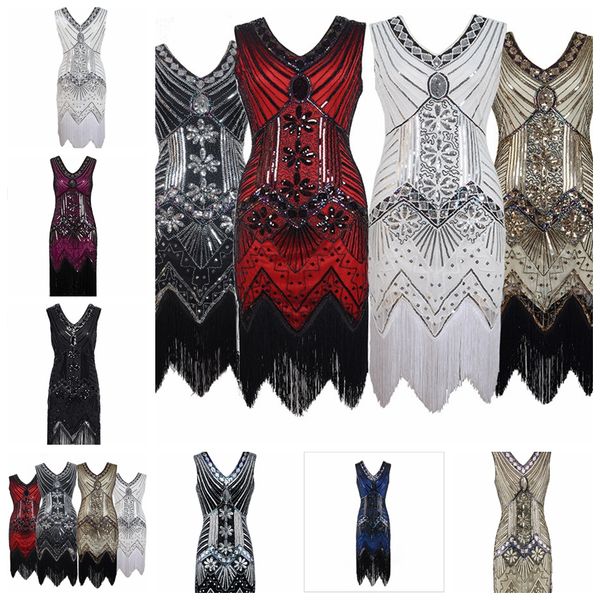 

2019 european style retro style sequined beaded v-neck fringed party dress, s, , l, xl, support mixed batch, White;black