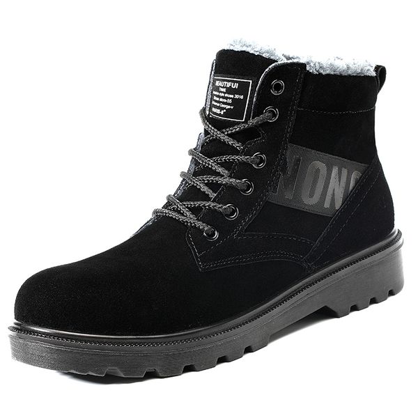 

mens casual steel toe covers work safety warm fur cotton shoes soft leather plush security ankle winter snow boots zapatos male, Black