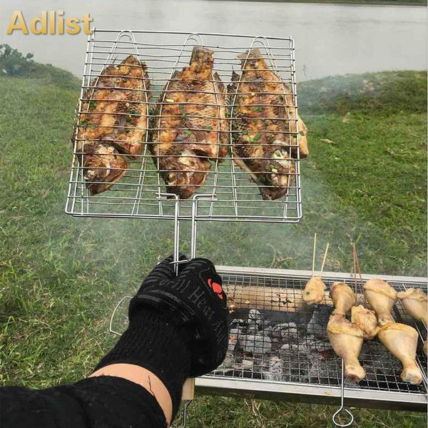 

fish grill net outdoor bbq grilling fish rack bbq accessories non-stick triple grilling basket wood handle barbecue tool