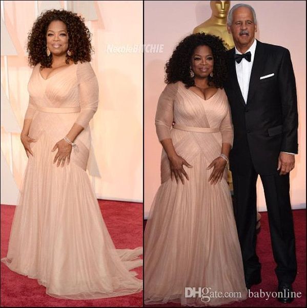 Neuankömmling Oprah Winfrey Oscar Promi -Kleider plus Größe V Halsscheide Chiffon mit langen Ärmeln Mutter des Hochzeitsabendkleides