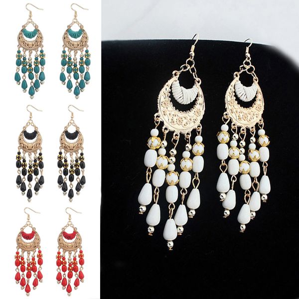 

new jewelry retro ethnic jewelry resin beads tassel crescent bohemia beach drop earring for women long skirt accessories g356q, Silver