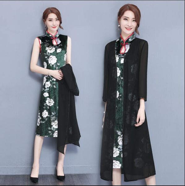 

summer 2017 printing cheongsam dress retro modern qipao two piece set chinese traditional dress, Red
