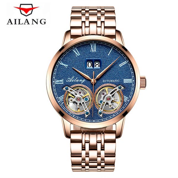 

unique design style double skeleton watch full steel ailang casual men mechanical wristwatch automatic watch 2018, Slivery;brown