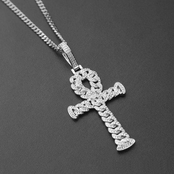 

Iced Out Gold Silver Zircon Ankh Key Pendant Golden Jewelry CZ Cross Egyptian Key of Life Pendant Fashion Punk Jewelry Cuban Chain Necklace