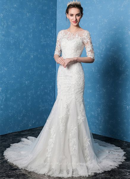 

half sleeves lace mermaid wedding dresses button covered 2018 new court train wedding gown high quality, White