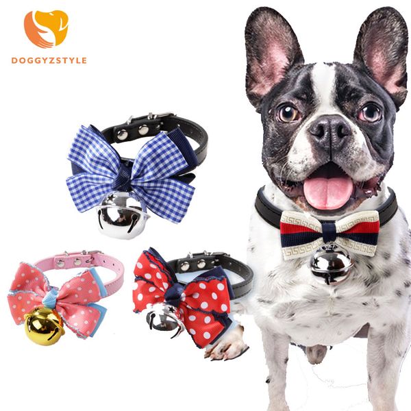 

bow tie adjustable pet dog collar puppy cat bell necklace leather gold silver bells collars 14 colors teddy supplies doggyzstyle