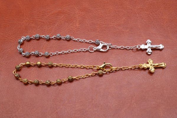 

tzk12pcs 4mm rose pattern, rosary bracelet. metal retro rose beads prayer bracelet. fashion kids bracelets, White