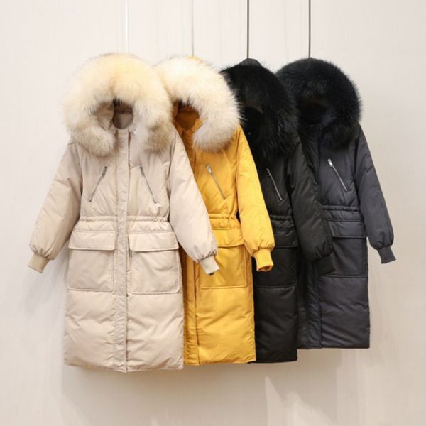 

2018 winter jacket women coats hooded long down parka real fur collar thick warm clothes new fashion yellow beige grey, Black