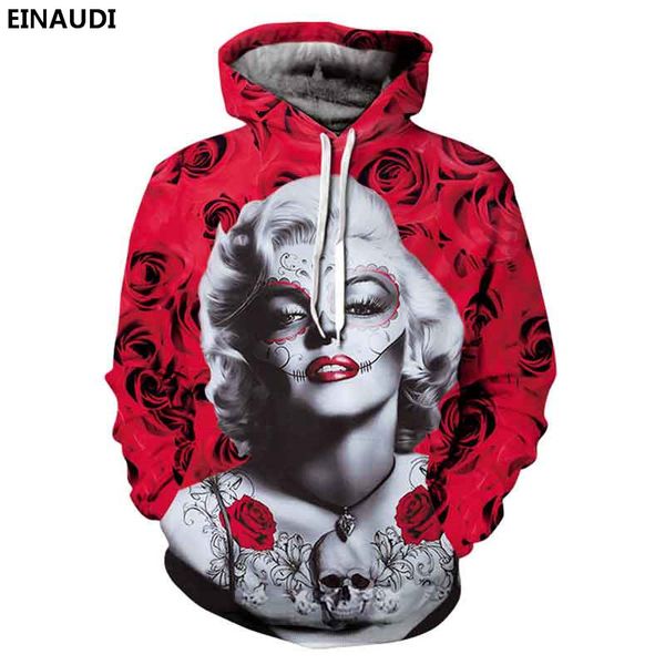 

2017 new fashion men/women marilyn hoodies autumn 3d print skull roses flowers hip hop 3d hoodies brand man clothing, Black