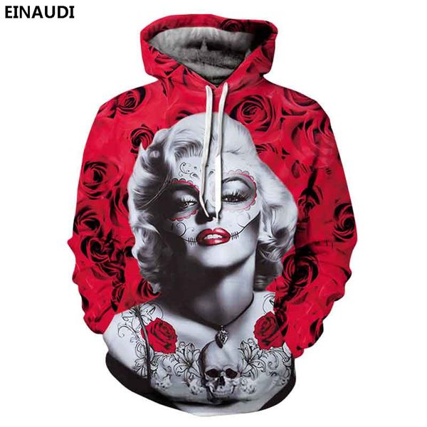 

2017 new fashion men/women marilyn monroe hoodies autumn 3d print skull roses flowers hip hop 3d hoodies brand man clothing, Black