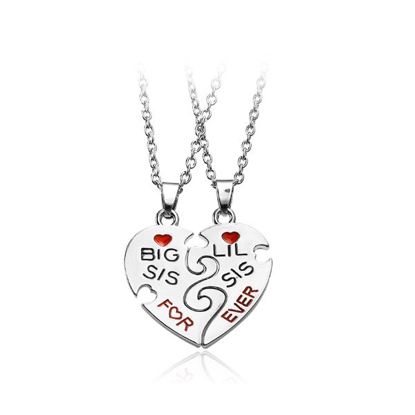 

2pcs/set heart shape "big sis lil sis for ever" pendant necklace red heart sister necklace women family friends jewelry, Silver
