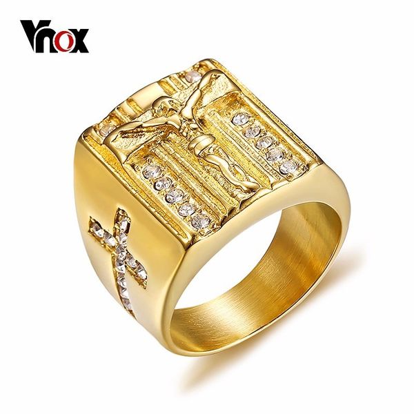 

whole salevnox punk jesus christ cross chunky ring for men stainless steel crystals religion prayer male hip-hop jewelry gold color, Golden;silver