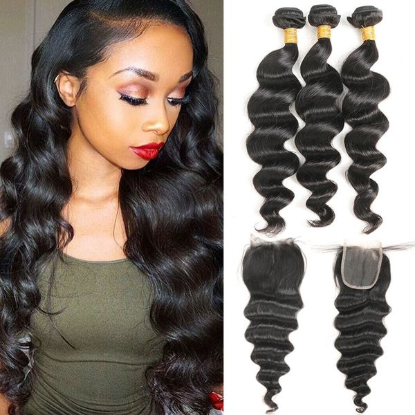 Brazilian Virgin Hair Weave 3 Bundles With Closure Loose Wave